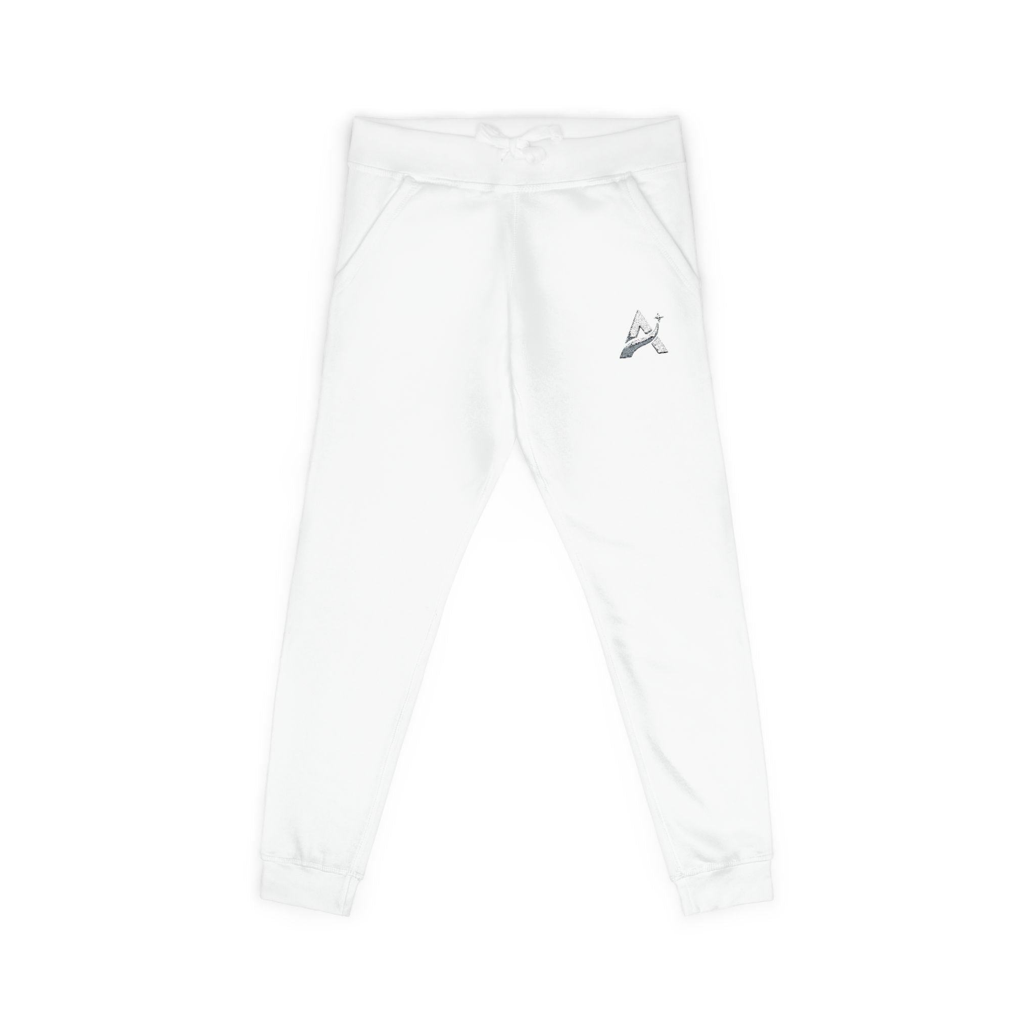 Embroidered Minimal Leaf Fleece Sweatpants — Cozy White Joggers